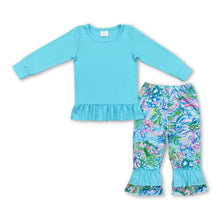 Load image into Gallery viewer, Light blue cotton top watercolor ruffle pants girls clothes