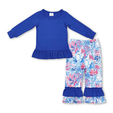 Load image into Gallery viewer, Blue cotton top watercolor boat ruffle pants girls clothes