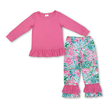 Load image into Gallery viewer, Pink cotton top watercolor floral ruffle pants girls clothes