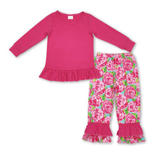 Load image into Gallery viewer, Hot pink cotton top watercolor floral ruffle pants girls clothes