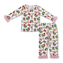 Load image into Gallery viewer, Pink ruffle long sleeves green face girls Christmas pajamas