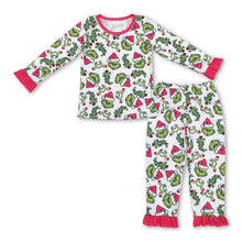 Load image into Gallery viewer, Hot pink long sleeves green face Christmas tree girls pajamas