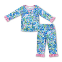 Load image into Gallery viewer, Long sleeves watercolor blue floral girls pajamas