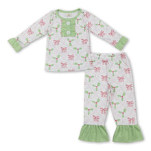 Load image into Gallery viewer, Green long sleeves pink bow kids girls Christmas pajamas