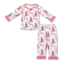 Load image into Gallery viewer, Long sleeves pink bow ruffle singer girls pajamas