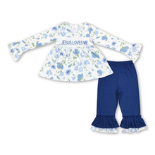 Load image into Gallery viewer, Jesus loves me floral tunic blue ruffle pants girls clothes