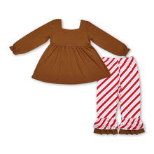 Load image into Gallery viewer, Brown gingerbread tunic ruffle pants girls Christmas outfits
