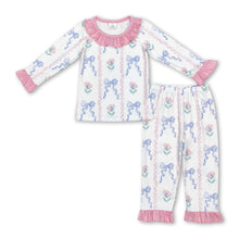 Load image into Gallery viewer, Pink ruffle floral bow kids girls pajamas