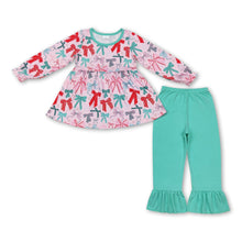 Load image into Gallery viewer, Colorful bow tunic green ruffle pants girls clothing set