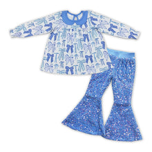 Load image into Gallery viewer, Bow tunic blue sequin pants girls clothing set