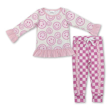 Load image into Gallery viewer, Pink smile top plaid ruffle plaid pants girls clothes