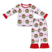 Load image into Gallery viewer, Long sleeves pink green face ruffle girls Christmas pajamas