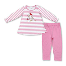 Load image into Gallery viewer, Pink stripe Christmas hat dog embroidery girls clothing set