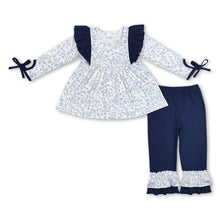 Load image into Gallery viewer, Blue floral tunic navy ruffle pants girls clothing set