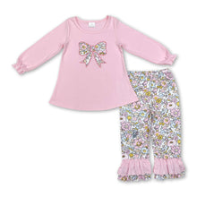 Load image into Gallery viewer, Pink bow tunic floral ruffle pants girls clothing set