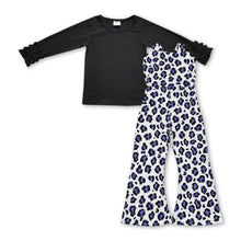 Load image into Gallery viewer, Black cotton top purple leopard overalls girls clothes