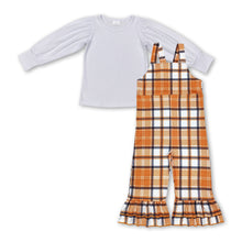 Load image into Gallery viewer, White cotton top plaid overalls girls fall clothes