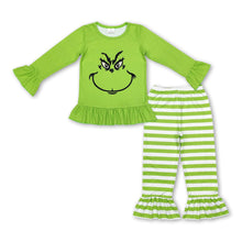 Load image into Gallery viewer, Green face ruffle top stripe girls Christmas clothes