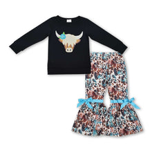Load image into Gallery viewer, Black highland cow top bell bottom pants girls western clothes