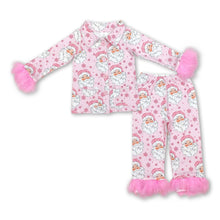 Load image into Gallery viewer, Pink santa fur sleeves button down girls Christmas pajamas