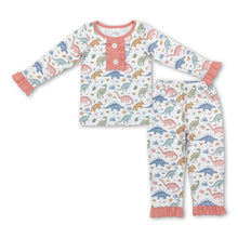 Load image into Gallery viewer, Pink ruffle long sleeves dinosaur kids girls pajamas