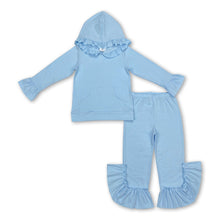 Load image into Gallery viewer, Aqua color cotton ruffle hoodie pants girls clothing set