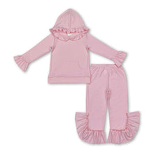 Load image into Gallery viewer, Pink color cotton ruffle hoodie pants girls clothing set