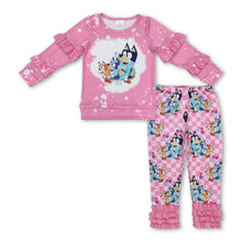 Load image into Gallery viewer, Pink bleached dog ruffle top pants girls clothing set