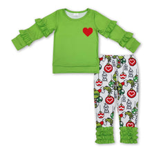 Load image into Gallery viewer, Green heart ruffle top green face pants girls Christmas set