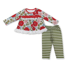 Load image into Gallery viewer, Red floral tunic green stripe leggings girls Christmas clothes