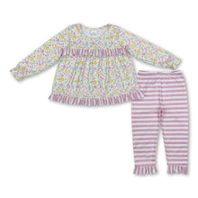Load image into Gallery viewer, Pink floral ruffle tunic stripe pants girls clothing set