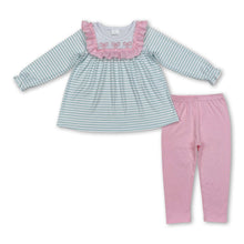 Load image into Gallery viewer, Green stripe bow tunic pink leggings girls clothing set