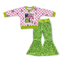 Load image into Gallery viewer, Pink plaid green face top sequin pants girls Christmas clothes