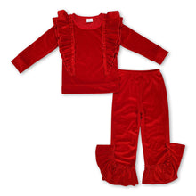 Load image into Gallery viewer, Red velvet ruffle top pants kids girls outfits