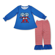 Load image into Gallery viewer, Blue cat hat top red stripe ruffle pants girls clothing set