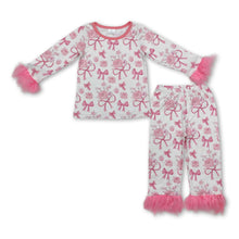 Load image into Gallery viewer, Pink bow floral fur long sleeves baby girls pajamas