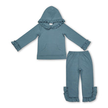 Load image into Gallery viewer, Grey cotton ruffle long sleeves pocket hoodie set