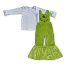 Load image into Gallery viewer, White ruffle top green face jumpsuit girls Christmas outfits