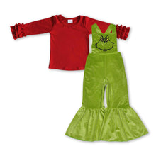 Load image into Gallery viewer, Red ruffle top green face jumpsuit girls Christmas outfits