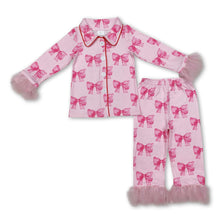 Load image into Gallery viewer, Pink bow fur long sleeves kids girls button down pajamas