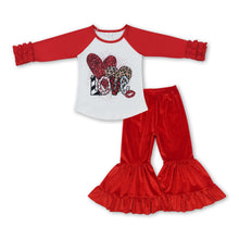 Load image into Gallery viewer, Red leopard heart love top velvet pants girls valentine set