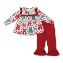 Load image into Gallery viewer, Green red bow tunic ruffle pants girls Christmas clothes