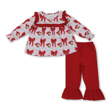 Load image into Gallery viewer, Red bow santa tunic ruffle pants girls Christmas clothes
