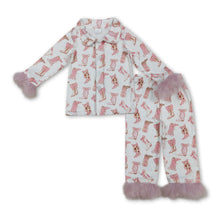 Load image into Gallery viewer, Pink fur long sleeves boots bow girls button down pajamas