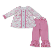Load image into Gallery viewer, Pink bow santa tunic ruffle pants girls Christmas outfits