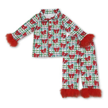 Load image into Gallery viewer, Red fur green plaid bow girls Christmas button down pajamas