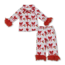 Load image into Gallery viewer, Red fur polka dots santa girls Christmas button down pajamas
