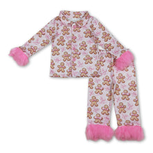 Load image into Gallery viewer, Pink fur gingerbread bow girls Christmas button down pajamas