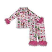 Load image into Gallery viewer, Gingerbread bow Christmas tree girls fur button down pajamas