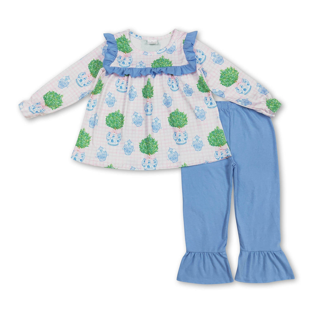 Pink plaid blue bow ruffle tunic pants girls clothes